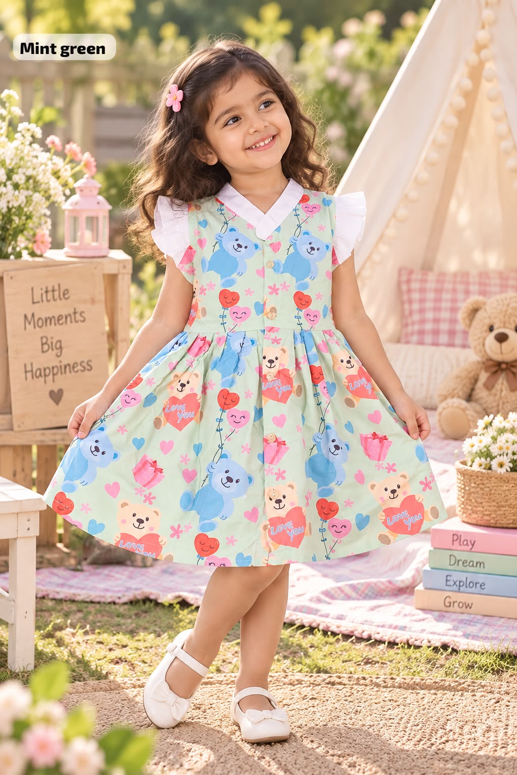 Ruffle Sleeve Frock 🎀 | V Neck | cotton | Teddy Bloom Frock 🧸🌸| 2-5 Years