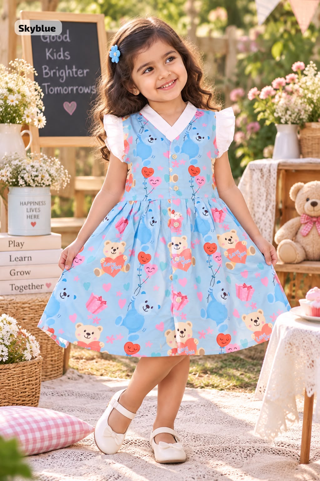 Ruffle Sleeve Frock 🎀 | V Neck | cotton | Teddy Bloom Frock 🧸🌸| 2-5 Years