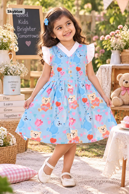 Ruffle Sleeve Frock 🎀 | V Neck | cotton | Teddy Bloom Frock 🧸🌸| 2-5 Years