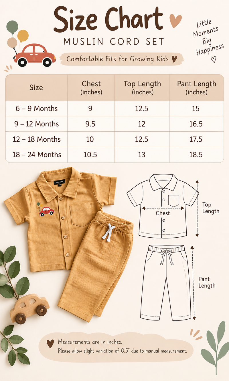 Size chart — Boys Muslin Pant Sets (3 for 999) 6m to 24 Months | Soft and Breathable