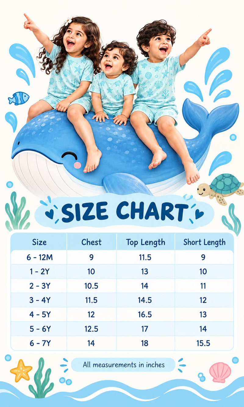 Size chart — Unisex Short Sets, Buy 4 for 799/- | 6m to 7yrs | Playful Edition