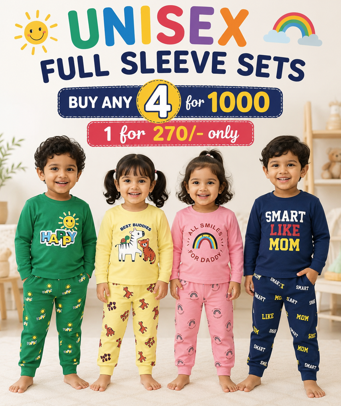 Casual Unisex full sleeve Coords for 6 months to 5yrs! Buy 4@999