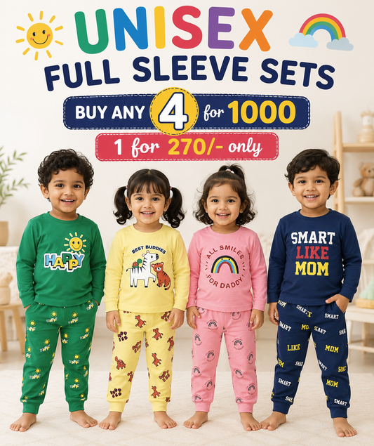 Casual Unisex full sleeve Coords for 6 months to 5yrs! Buy 4@999