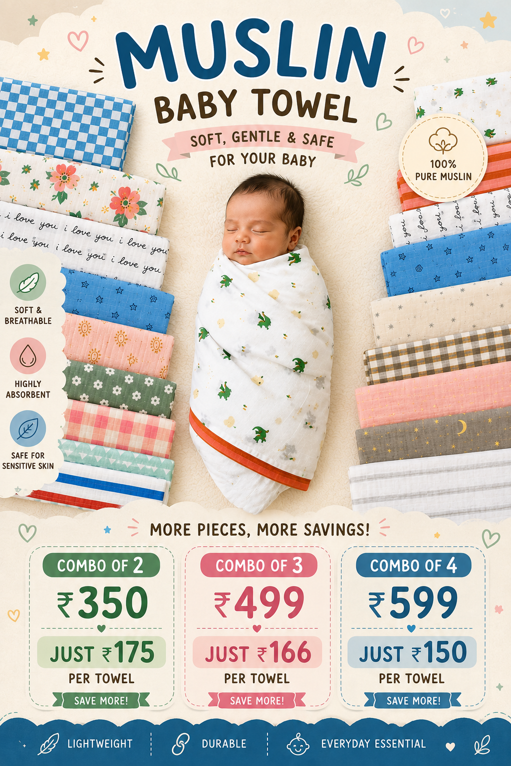 Pure Muslin export surplus Towels combo pack | swaddle 120*130cm