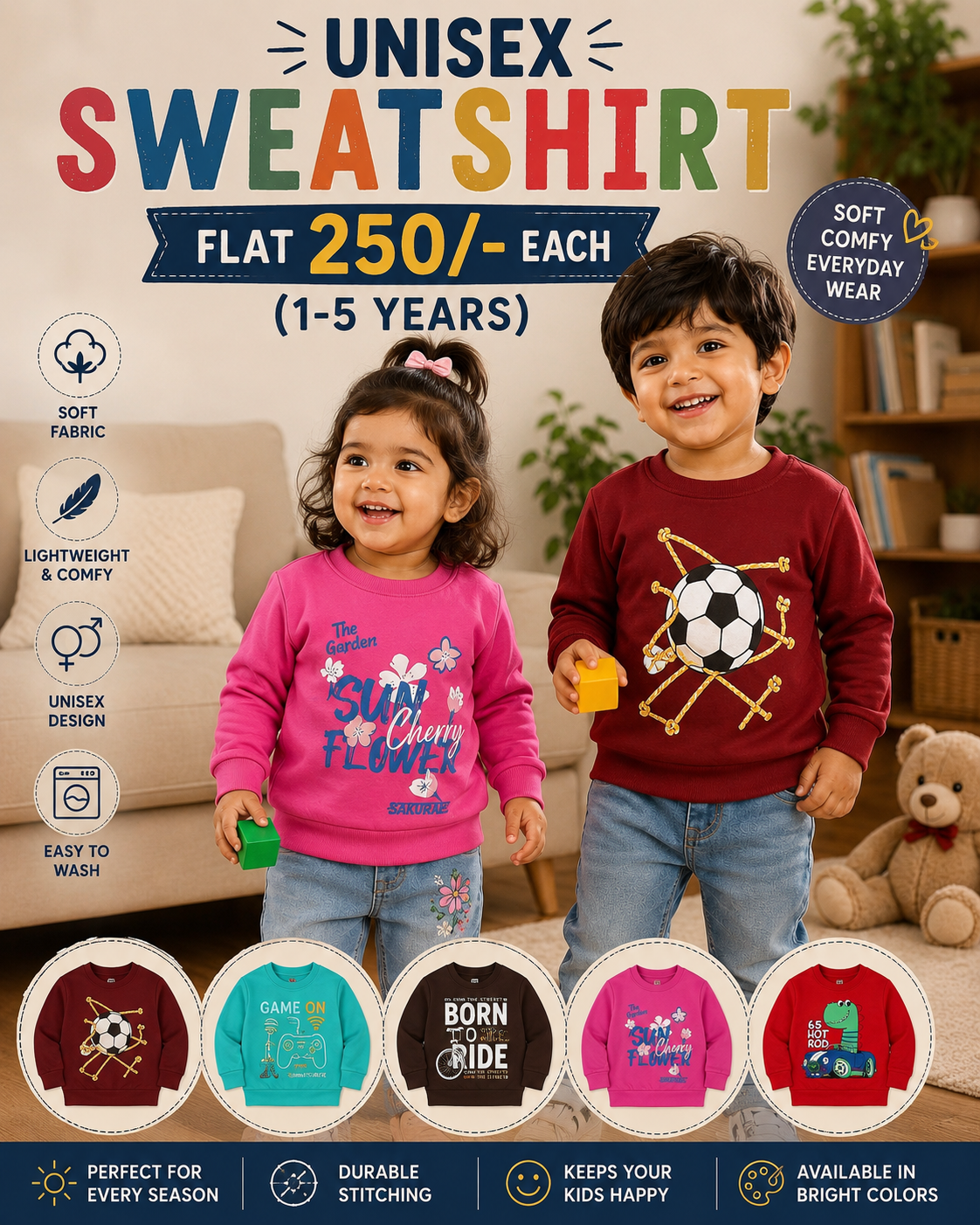 Unisex Sweat Shirts for 1yrs-6yrs| Cozy monsoon collection
