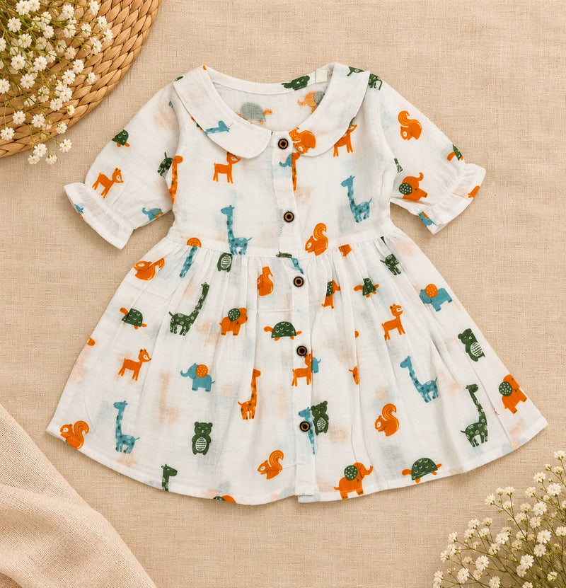 Muslin Peter Pan Collar Frock with Front Button Closure & 3/4 Elasticated Sleeves for Girls, 0 To 24 Months