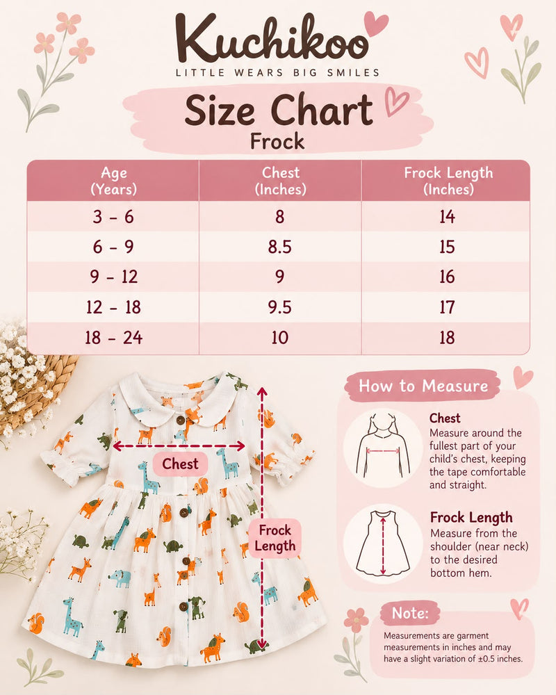 Size chart — Muslin Peter Pan Collar Frock with Front Button Closure & 3/4 Elasticated Sleeves for Girls, 0 To 24 Months