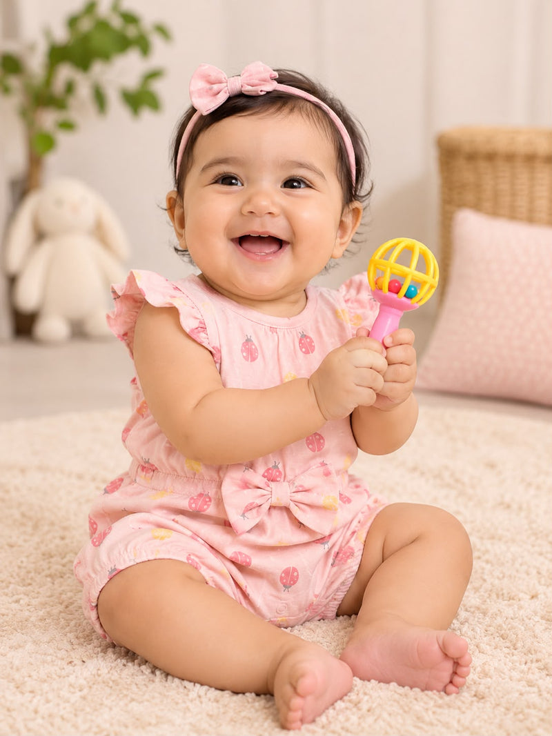 Pink Ladybug Baby Romper with Bow, Newborn To 12 Months