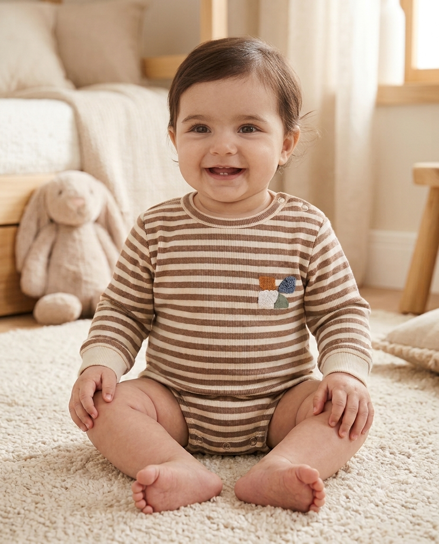 Unisex Striped Cotton Baby Romper Bodysuit ,For 0 To 24 Months , waffle