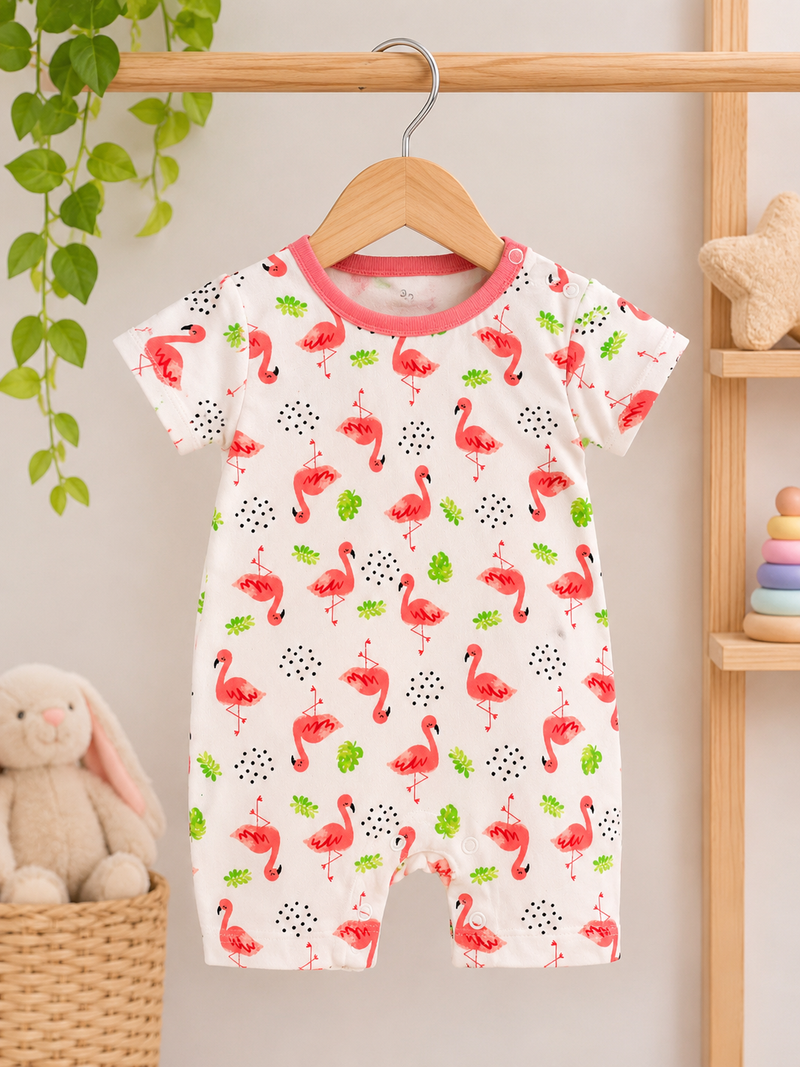 Flamingo Print Cotton Baby Romper , For 0 To 9 Months