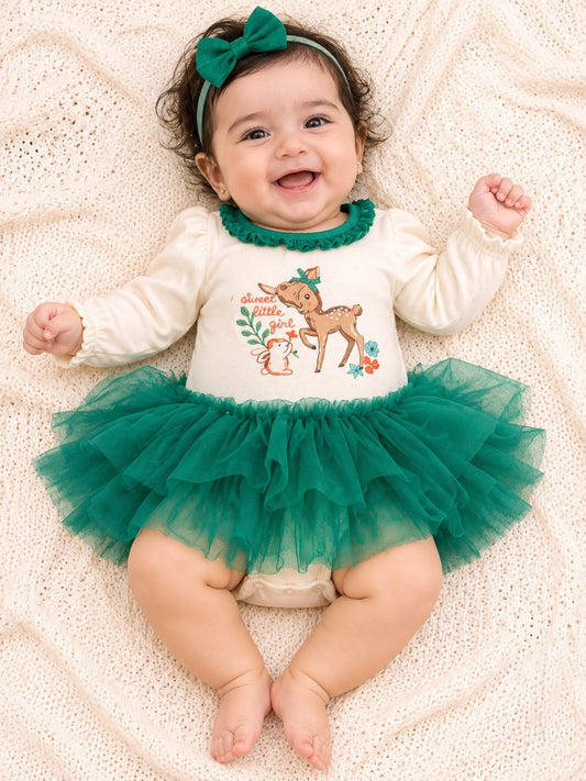 Baby Girl Long Sleeve Ruffle Tutu Romper with Frilled Neckline,0 To 12 months