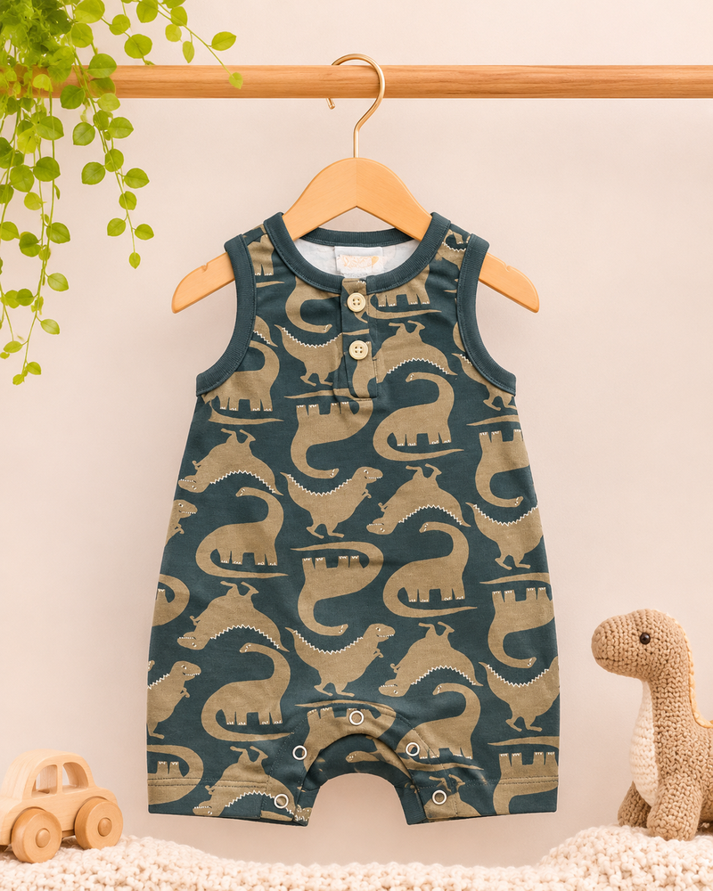Sleeveless Dinosaur Print Baby Romper For 0-24 Months