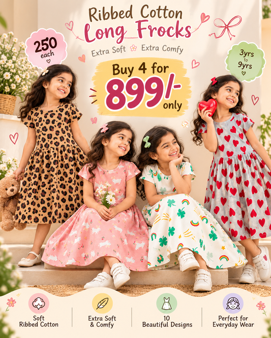 Ribbed Cotton Long Frocks for 3yrs to 9yrs, Extra Soft and Extra Comfy