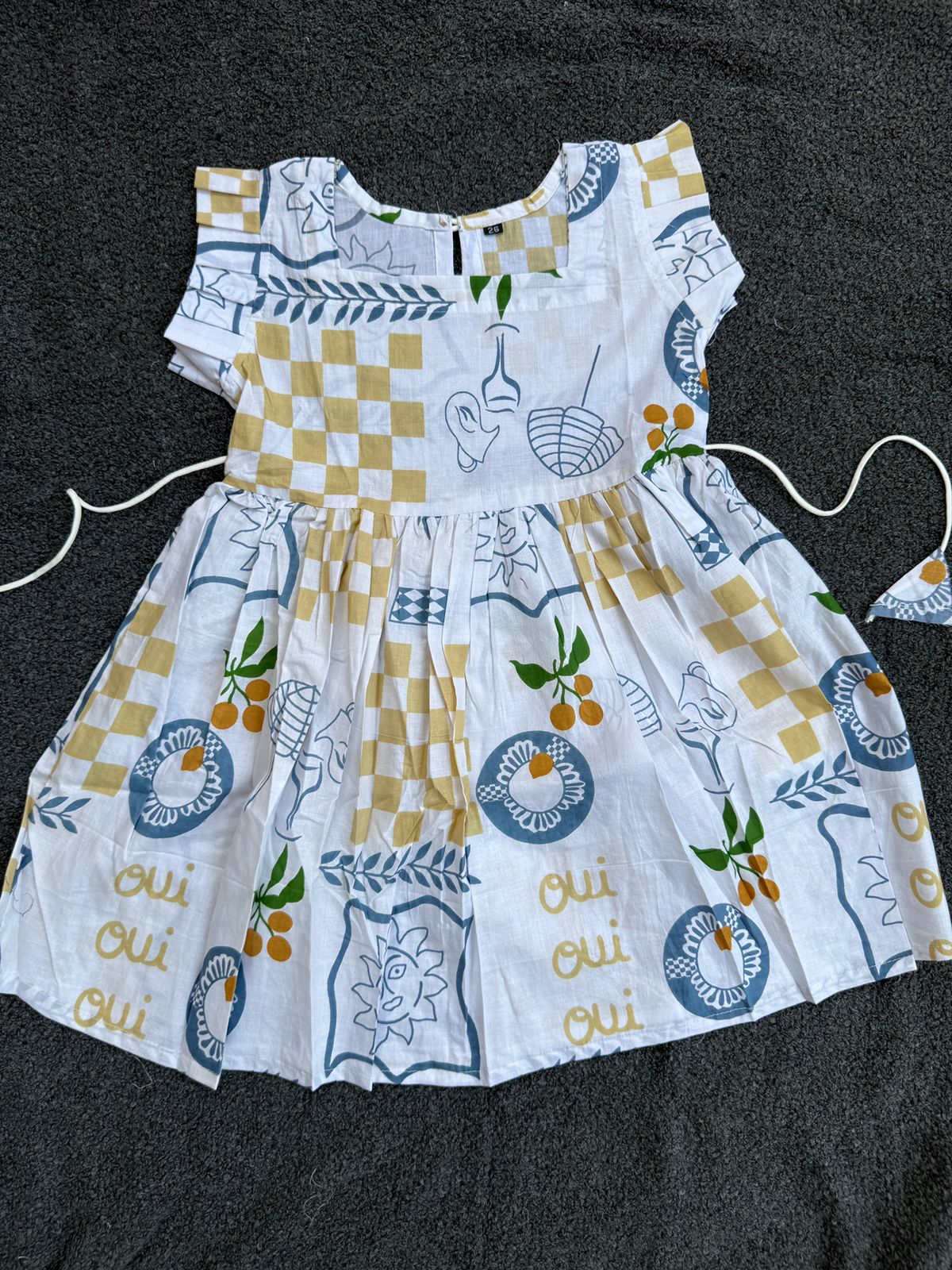 Pure Cotton Frill Sleeve Frock- WHITE FRENCH FRUIT