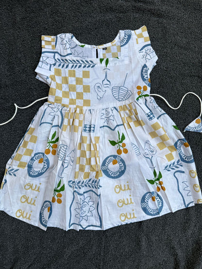 Pure Cotton Frill Sleeve Frock- WHITE FRENCH FRUIT