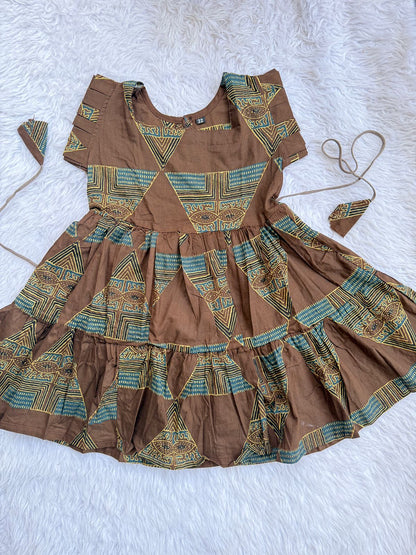 Pure Cotton Frill Sleeve Frock- BROWN TRIANGLES