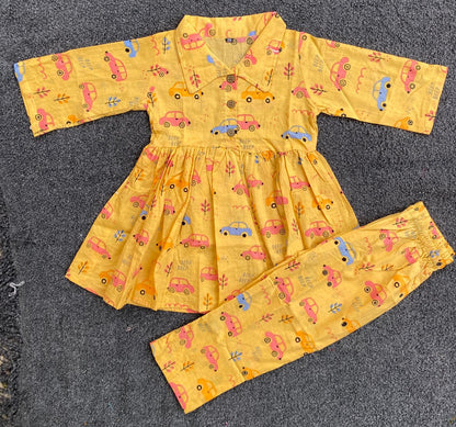 Summer Cotton Coords |Yellow Cars Print | 1 to 9yrs| Indian Prints |Pure Aesthetic collection
