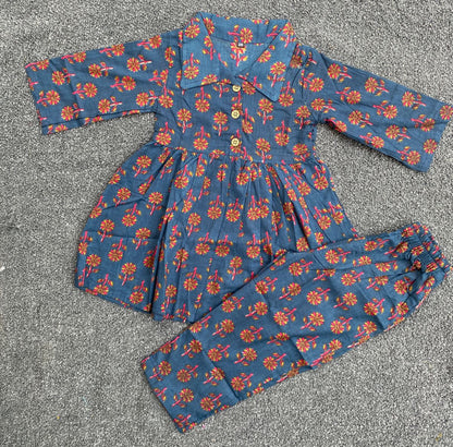 Summer Cotton Coords |Dark Blue Bossom Print | 1 to 9yrs| Indian Prints |Pure Aesthetic collection