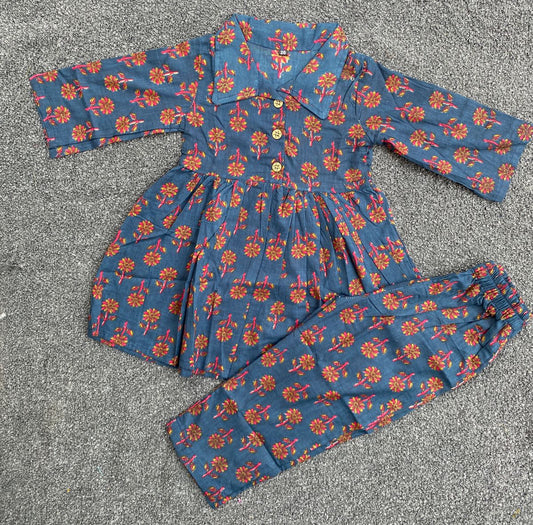 Summer Cotton Coords |Dark Blue Bossom Print | 1 to 9yrs| Indian Prints |Pure Aesthetic collection