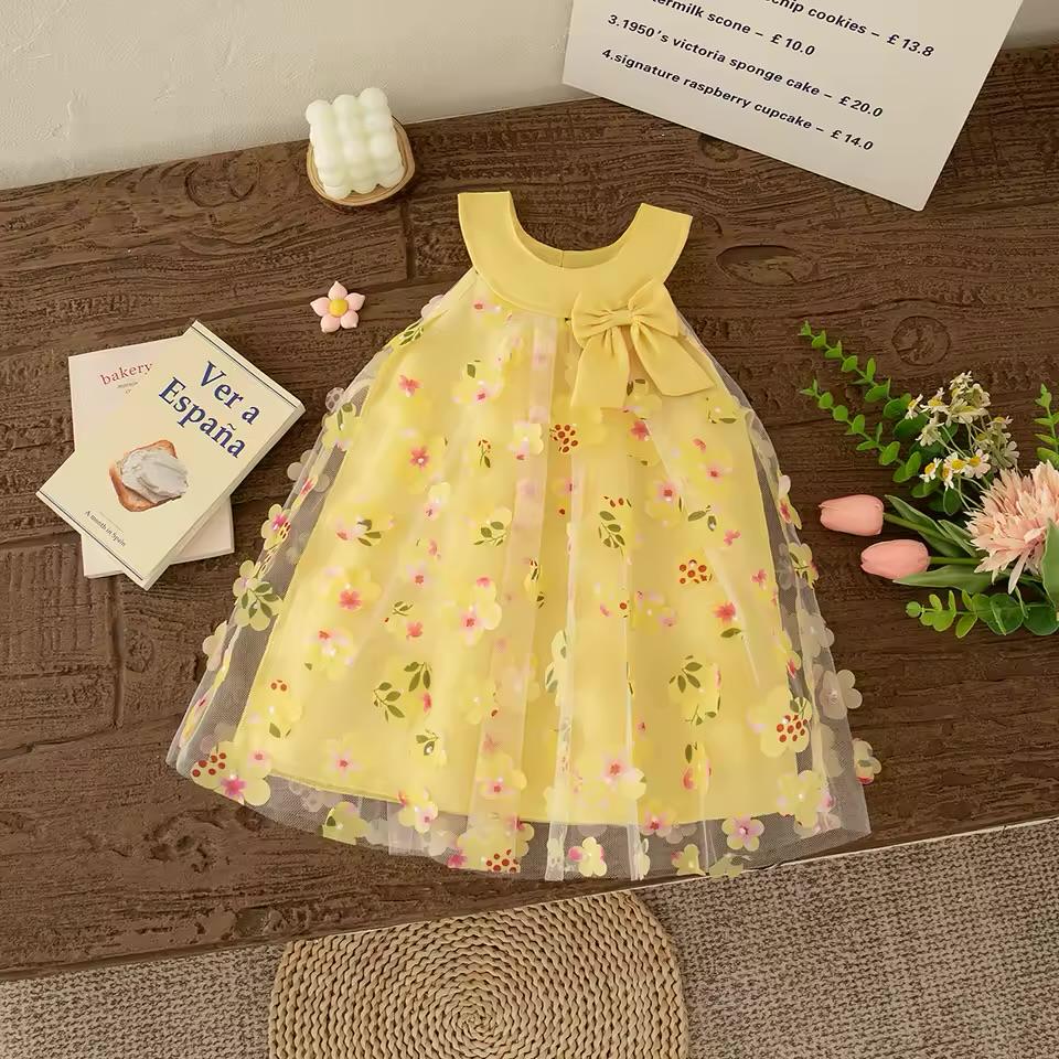 Girls Floral Tulle Bow Dress – Sleeveless Princess Party Dress for Little Girls