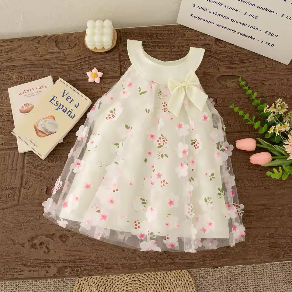Girls Floral Tulle Bow Dress – Sleeveless Princess Party Dress for Little Girls