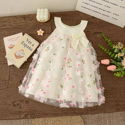Girls Floral Tulle Bow Dress – Sleeveless Princess Party Dress for Little Girls