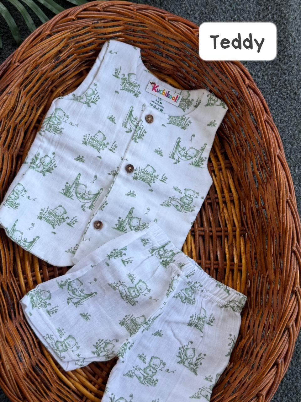 Front Open Sleeveless Muslin Short Sets | 0-1yr