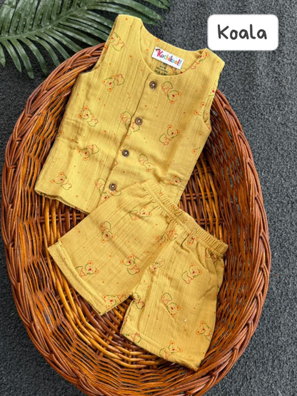 Front Open Sleeveless Muslin Short Sets | 0-1yr