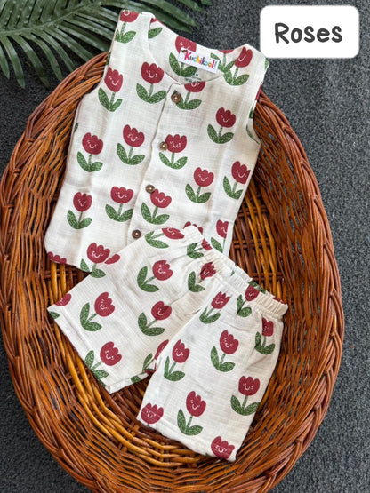 Front Open Sleeveless Muslin Short Sets | 0-1yr