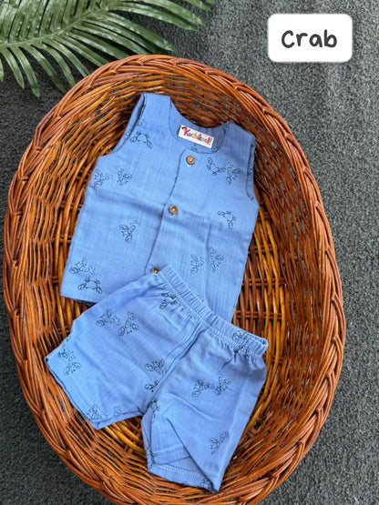 Front Open Sleeveless Muslin Short Sets | 0-1yr