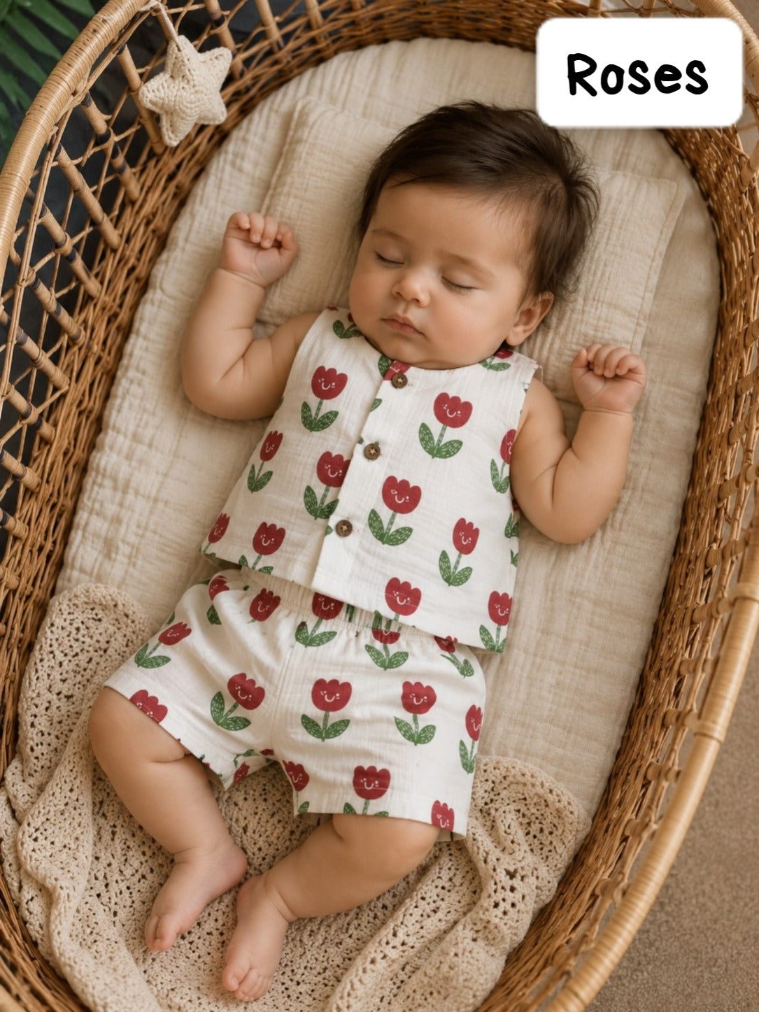 Front Open Sleeveless Muslin Short Sets | 0-1yr