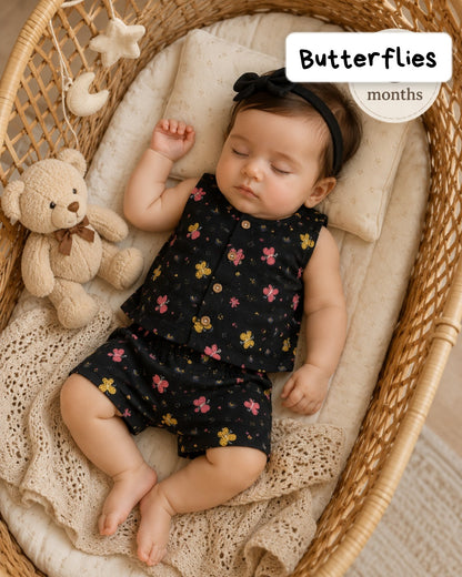 Front Open Sleeveless Muslin Short Sets | 0-1yr