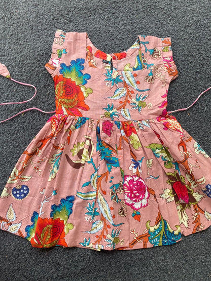 Cotton Frill Sleeve Frocks with Adjustable thread|1 to 9yrs| Pink Garden Frock