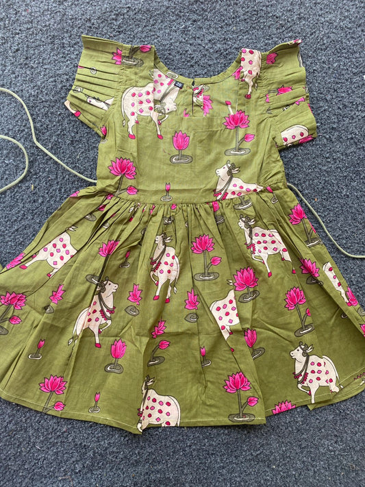 Cotton Frill Sleeve Frocks with Adjustable thread|1 to 9yrs| Green Pichwai Frock