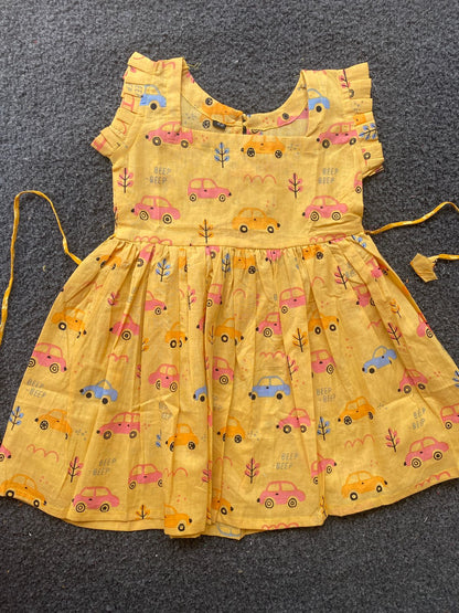 Cotton Frill Sleeve Frocks with Adjustable thread|1 to 9yrs| Playful Car Print