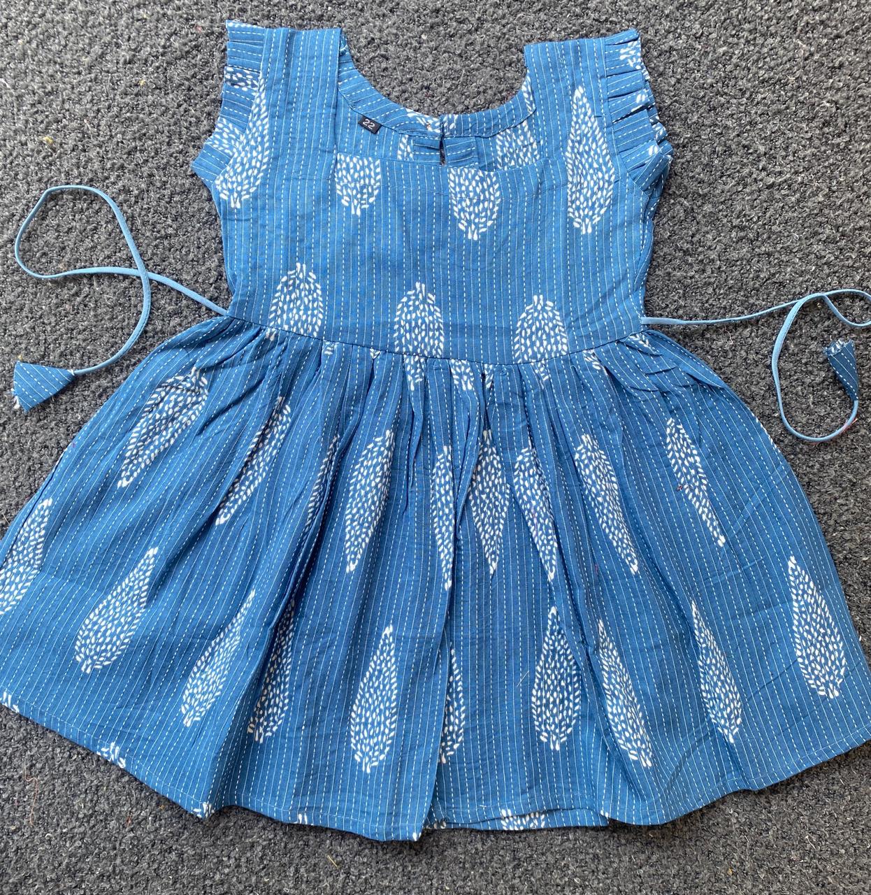 Cotton Frill Sleeve Frocks with Adjustable thread|1 to 9yrs|Blue Leaf Frock
