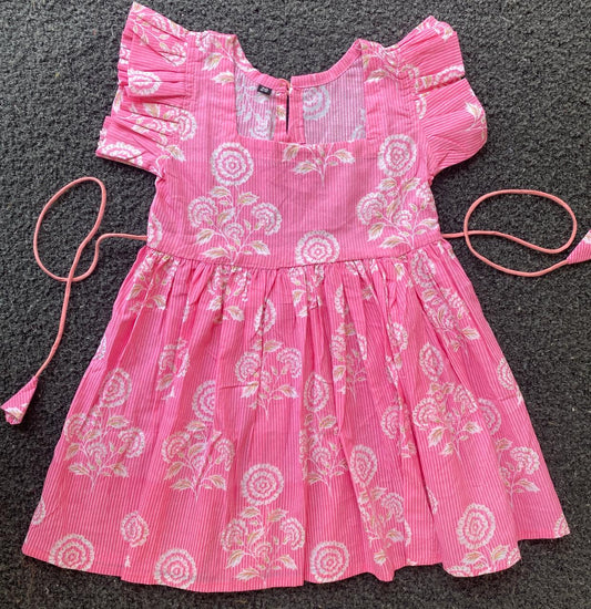 Cotton Frill Sleeve Frocks with Adjustable thread|1 to 9yrs| Pink Roses Frock