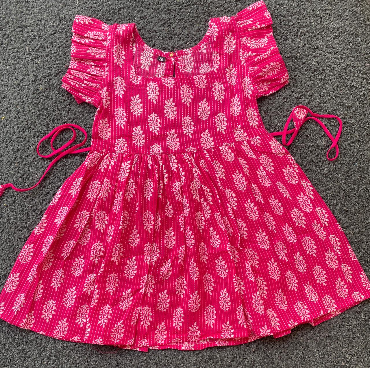 Cotton Frill Sleeve Frocks with Adjustable thread|1 to 9yrs| Pink Leaf Bhuti Frock