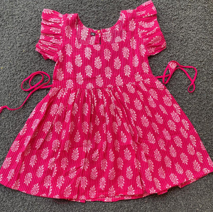 Cotton Frill Sleeve Frocks with Adjustable thread|1 to 9yrs| Pink Leaf Bhuti Frock