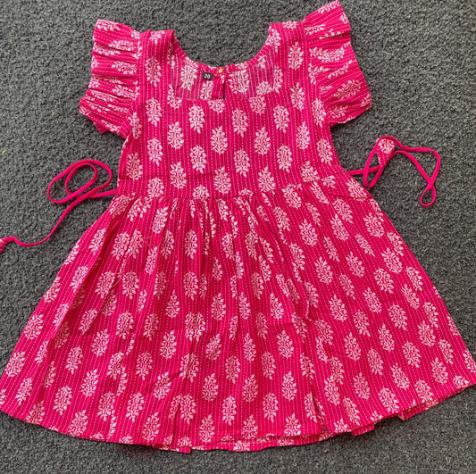 Cotton Frill Sleeve Frocks with Adjustable thread|1 to 9yrs| Pink Leaf Bhuti Frock