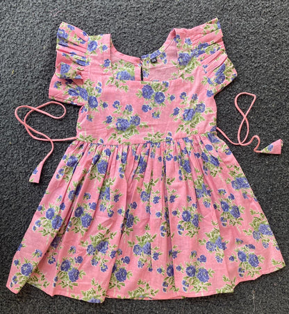 Cotton Frill Sleeve Frocks with Adjustable thread|1 to 9yrs| Pink & Blue Blossom Frock
