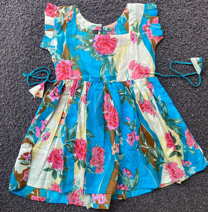 Cotton Frill Sleeve Frocks with Adjustable thread|1 to 9yrs| Blue Floral Frock
