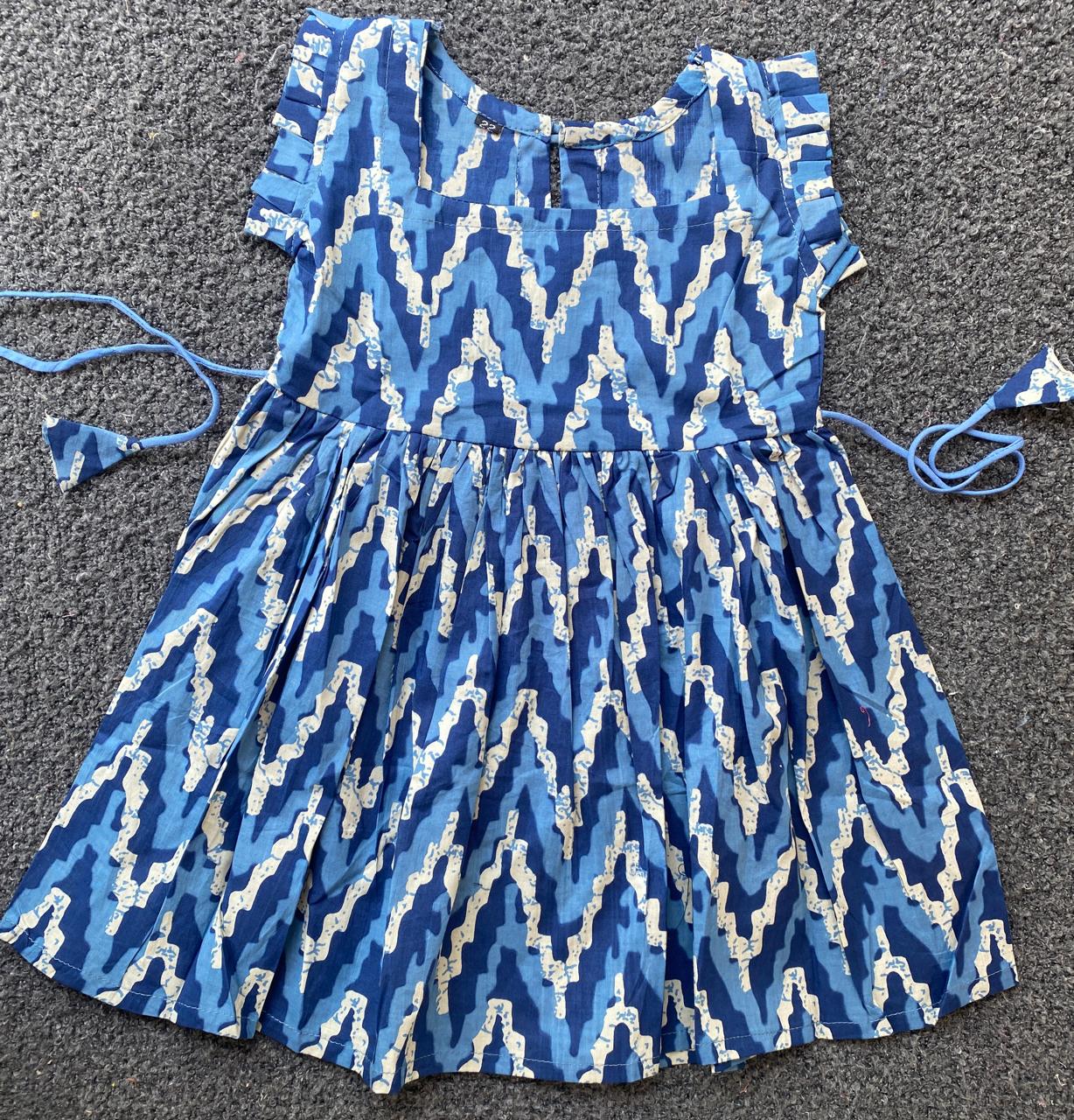 Cotton Frill Sleeve Frocks with Adjustable thread|1 to 9yrs| Ocean Ikat Frock