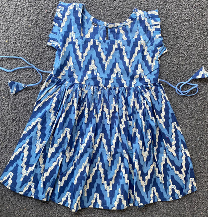 Cotton Frill Sleeve Frocks with Adjustable thread|1 to 9yrs| Ocean Ikat Frock