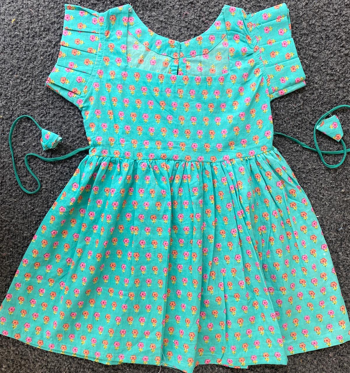 Cotton Frill Sleeve Frocks with Adjustable thread|1 to 9yrs| Sea Blue Floral Frock