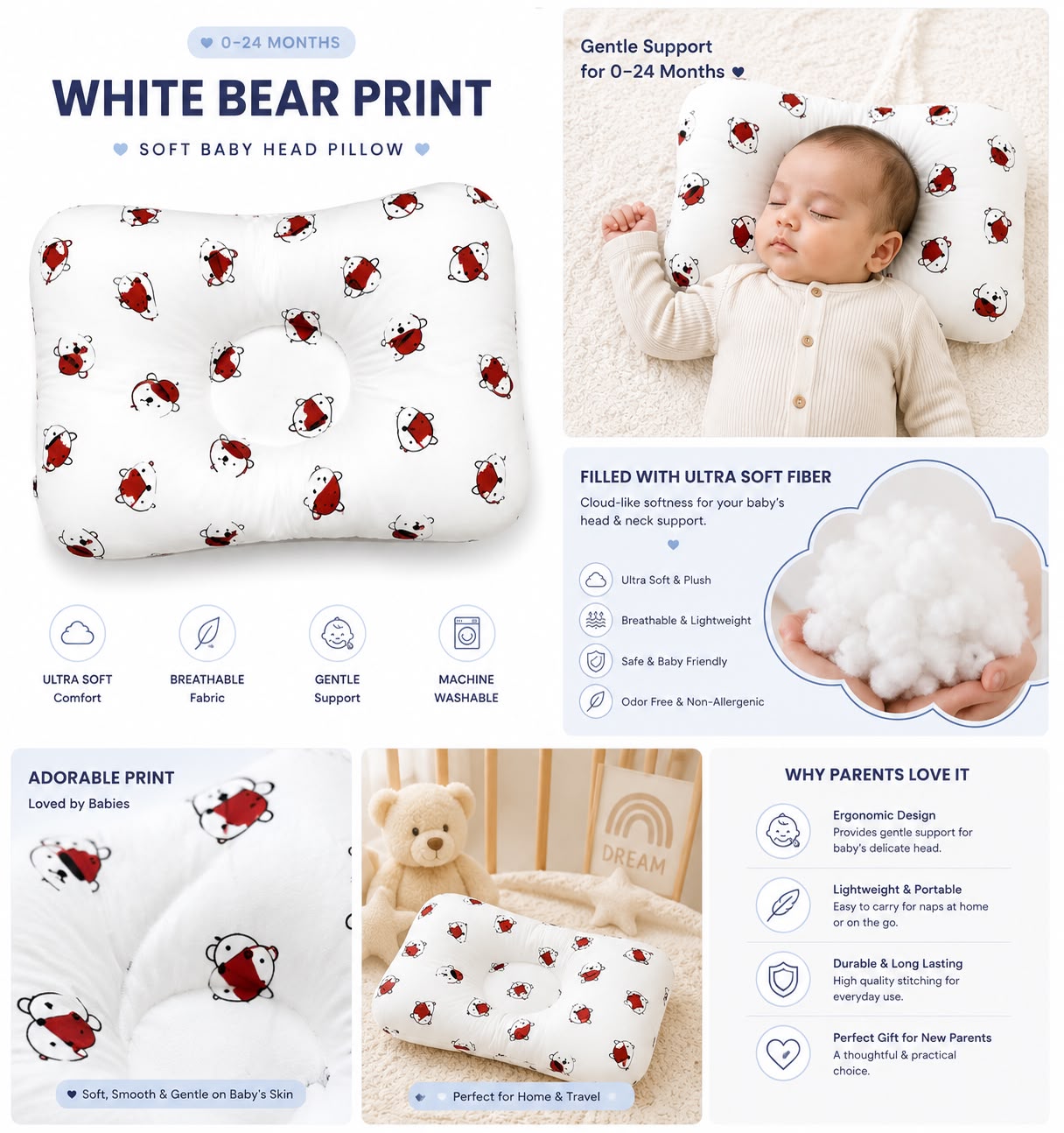 Baby Head Pillow | Soft & Gentle Support for Newborns & Infants (0-24months)