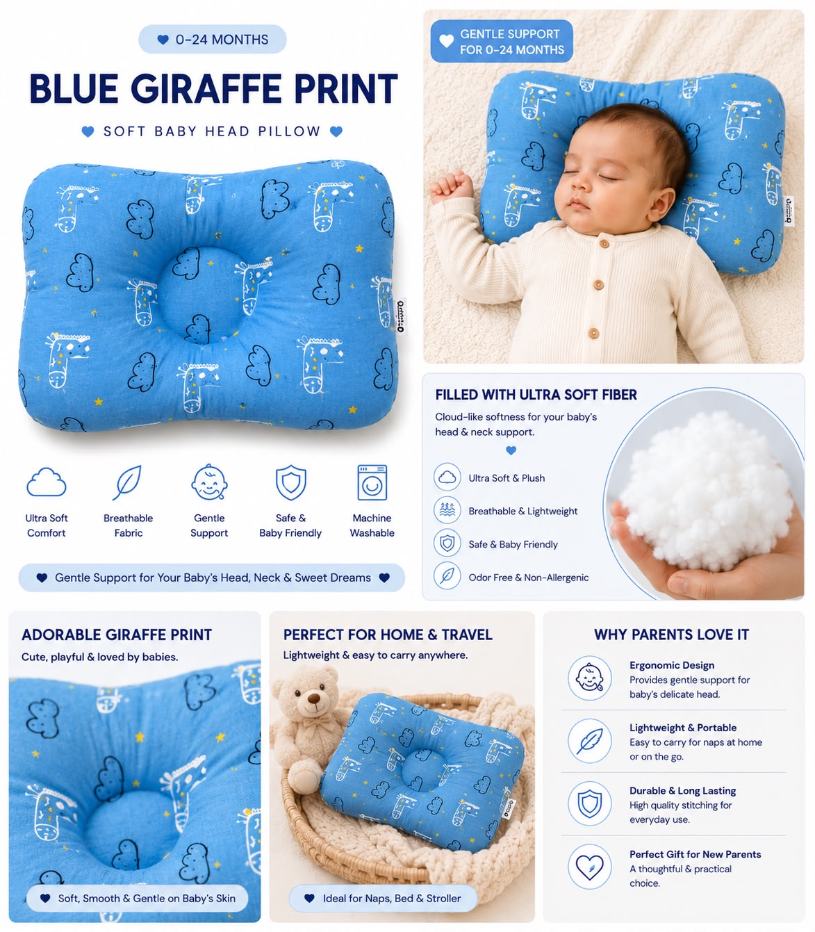 Baby Head Pillow | Soft & Gentle Support for Newborns & Infants (0-24months)