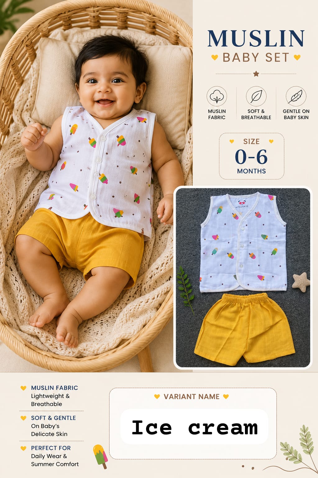Muslin Baby Set Unisex 0-6m
