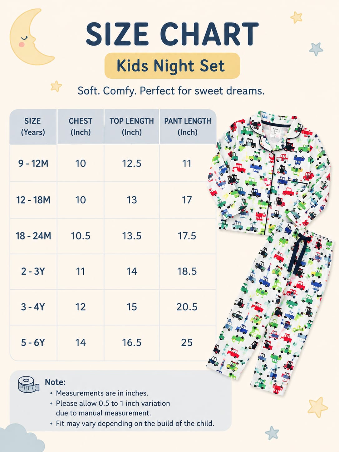 Soft Cotton Collar Night Sets for 6m to 5yrs