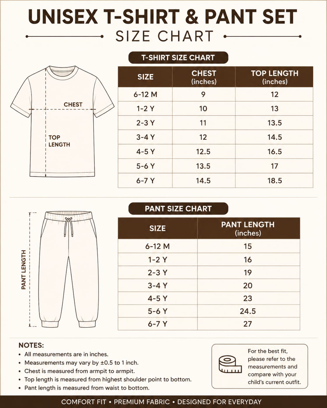 Unisex T- Shirt & Pant Sets 6months to 6yrs